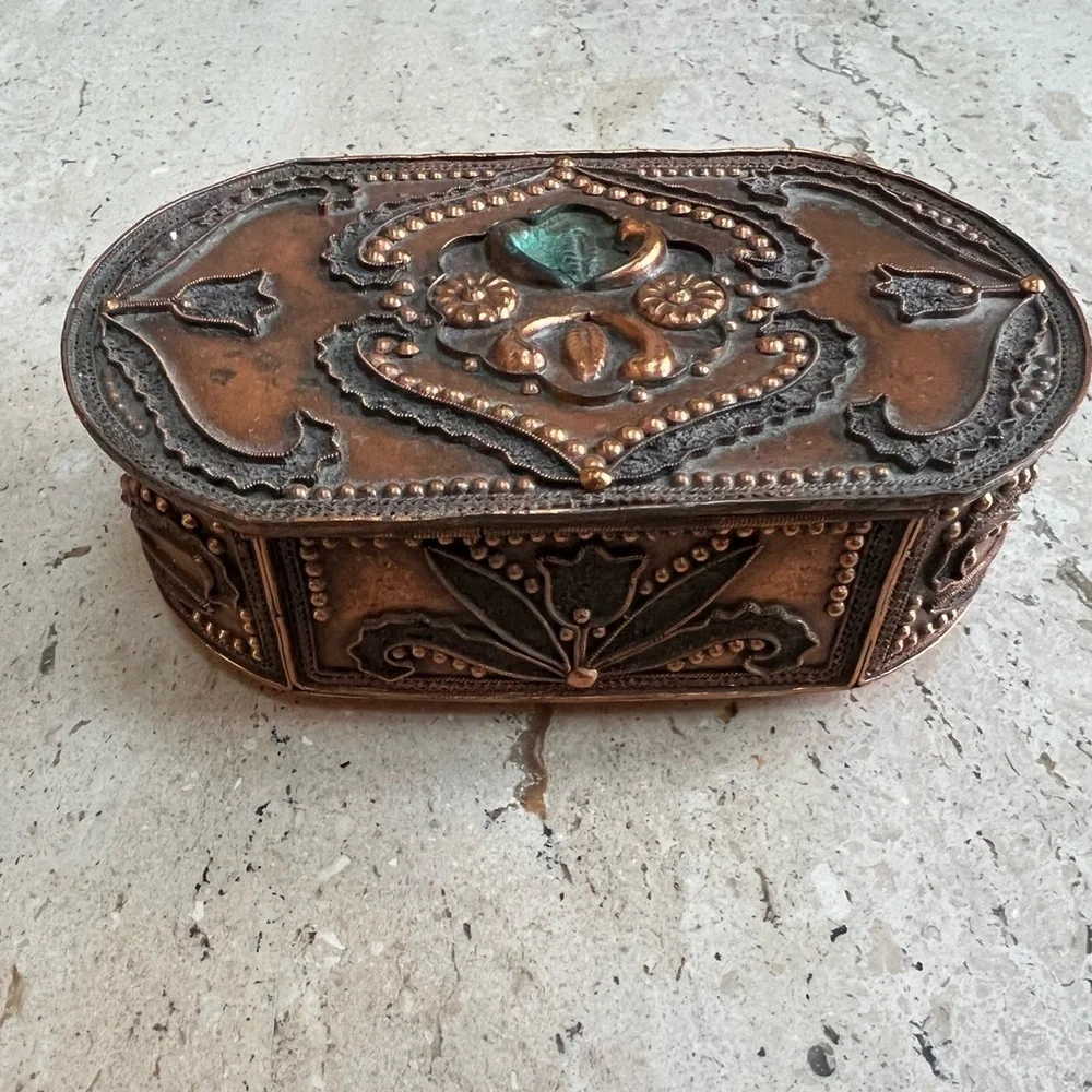 Vintage Art Nouveau Style Handmade Albanian Stamped Cooper Jewelry/Trinket Box